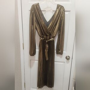Gold Pleated Skirt Plunge Dress 2X